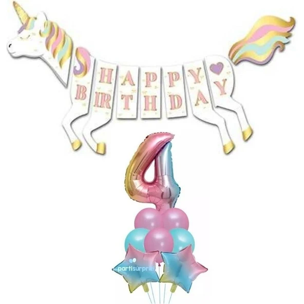 Parti Sürprizi Unicorn 4 Yaş Happy Birthday Gökkuşağı ürün görseli 1