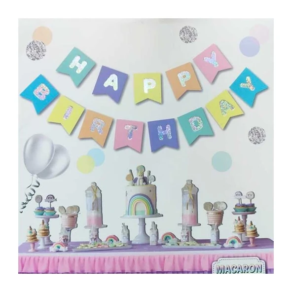 Parti Sürprizi Macaron Renkler Hologram Happy Birthday Afiş ürün görseli 1