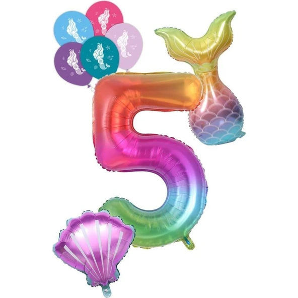 Parti Sürprizi 5 Rakam Gökkuşağı Deniz Kızı Folyo Balon Seti ürün görseli 1