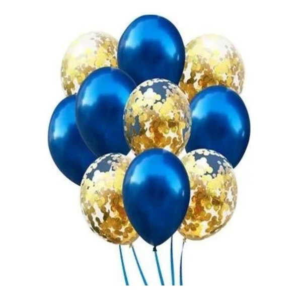 Parti Sürprizi Mavi Metalik Gold Konfetili Latex Balon 10 Adet ürün görseli 1
