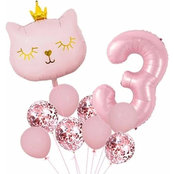 Parti Sürprizi Taçlı Pembe Kedi 3 Yaş Folyo Balon Set ürün görseli 1