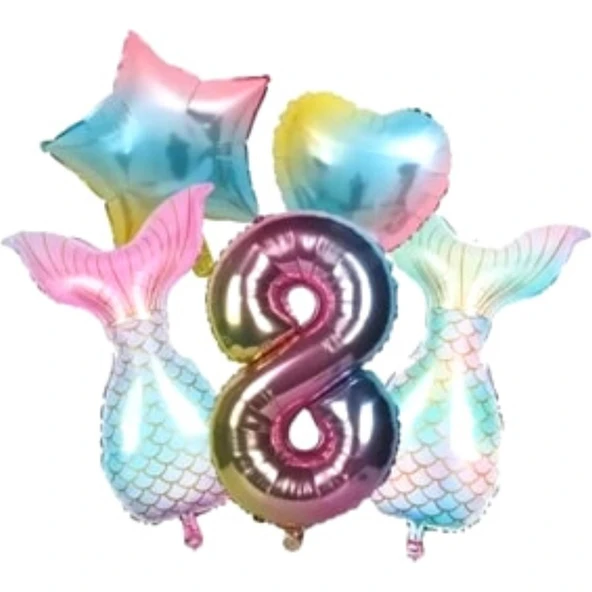 Parti Sürprizi Rainbow Deniz Kızı Kuyruğu 8 Yaş Folyo Balon Set ürün görseli 1