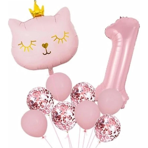 Parti Sürprizi Taçlı Pembe Kedi 1 Yaş Folyo Balon Set ürün görseli 1
