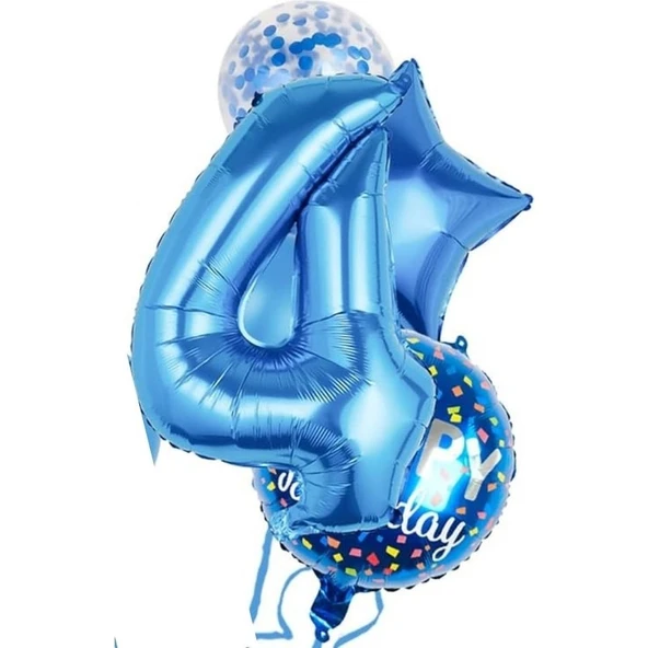 Parti Sürprizi Mavi 4 Yaş Happy Birthday Konfetili Balon Set ürün görseli 1