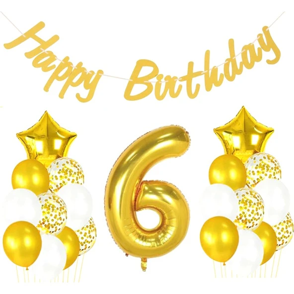 Parti Sürprizi 6 Yaş Altın Happy Birthday Set ürün görseli 1