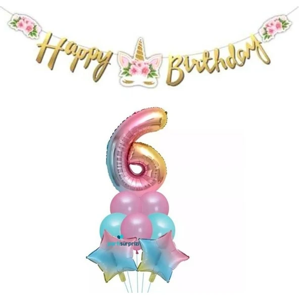 Parti Sürprizi Çiçekli Unicorn 6 Yaş Gökkuşağı Balon Set ürün görseli 1