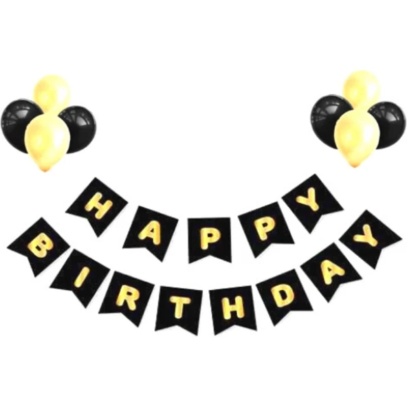 Parti Sürprizi Siyah Üzeri Gold Baskılı Happy Birthday Balonlu Set ürün görseli 1