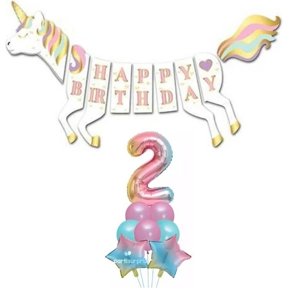 Parti Sürprizi Unicorn 2 Yaş Happy Birthday Gökkuşağı ürün görseli 1