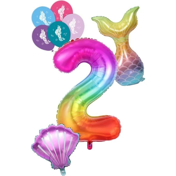Parti Sürprizi 2 Rakam Gökkuşağı Deniz Kızı Folyo Balon Seti ürün görseli 1