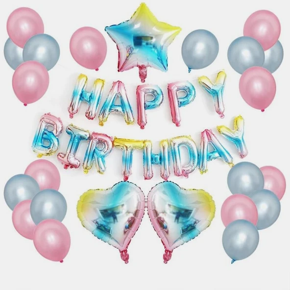 Parti Sürprizi Unicorn Makaron Gökkuşağı Happy Birthday Balon Set ürün görseli 1