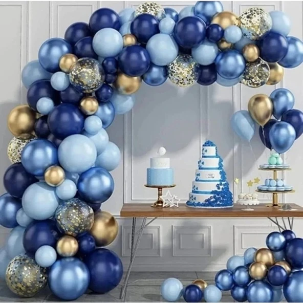 Parti Sürprizi Doğum Günü Balon Zincir Seti Mavi, Lacivert, Metalik Gold, Şeffaf 65 Adet Balon ürün görseli 1