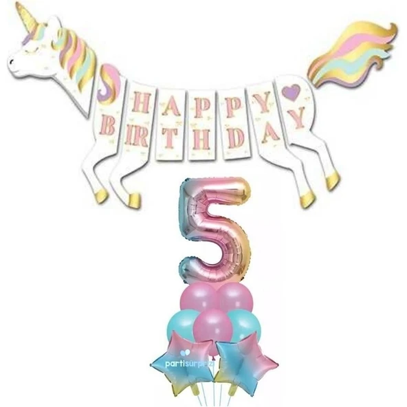 Parti Sürprizi Unicorn 5 Yaş Happy Birthday Gökkuşağı ürün görseli 1