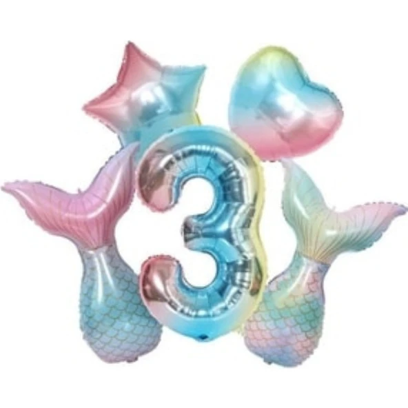 Parti Sürprizi Rainbow Deniz Kızı Kuyruğu 3 Yaş Folyo Balon Set ürün görseli 1