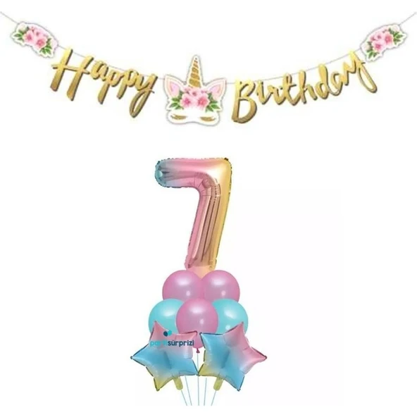 Parti Sürprizi Çiçekli Unicorn 7 Yaş Gökkuşağı Balon Set ürün görseli 1