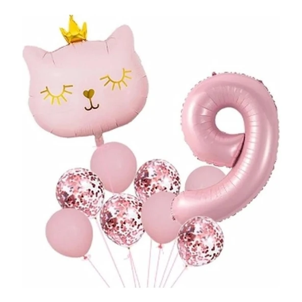 Parti Sürprizi Taçlı Pembe Kedi 9 Yaş Folyo Balon Set ürün görseli 1