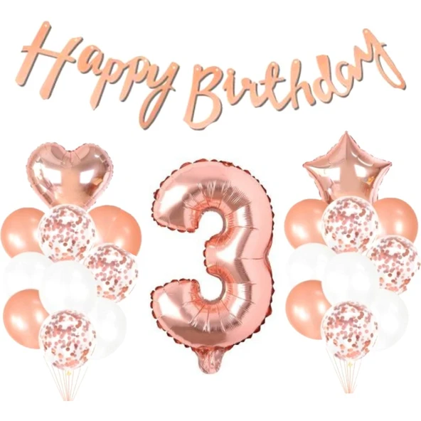 Parti Sürprizi 3 Yaş Rose Gold Happy Birthday Set ürün görseli 1