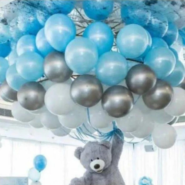 Parti Sürprizi 50 Adet Açık Mavi-Beyaz-Gümüş Metalik Balon 5 mt Balon Zinciri Parti Balon Seti ürün görseli 1