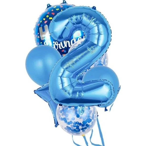 Parti Sürprizi Mavi 2 Yaş Happy Birthday Konfetili Balon Set ürün görseli 1
