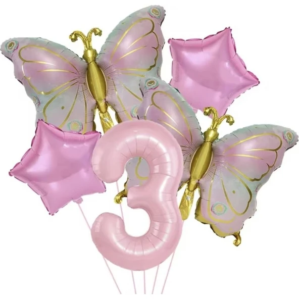 Parti Sürprizi Gold Kelebekli Pembe 3 Yaş Rakam Balon Set ürün görseli 1