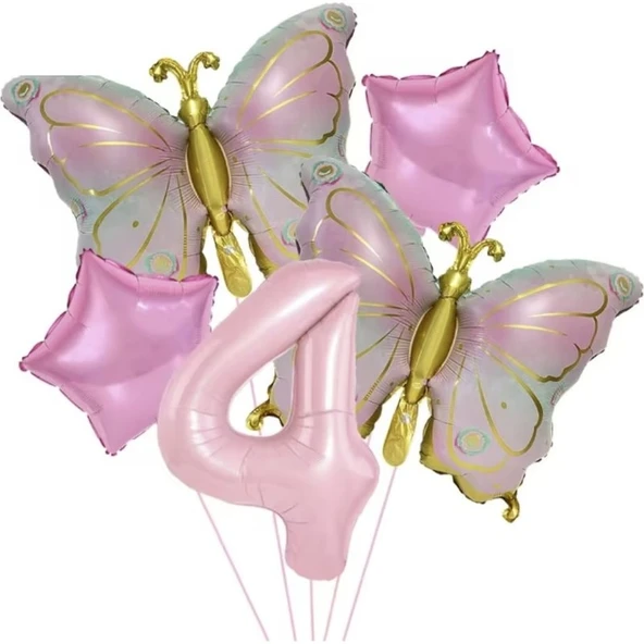 Parti Sürprizi Gold Kelebekli Pembe 4 Yaş Rakam Balon Set ürün görseli 1