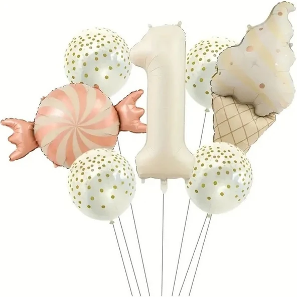 Parti Sürprizi Retro Dondurma Şeker 1 Yaş Folyo Balon Set ürün görseli 1