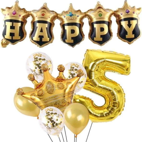 Parti Sürprizi Happy Yazılı Gold Konfetili 5 Yaş Rakam Balon Set ürün görseli 1