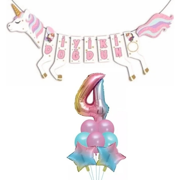 Parti Sürprizi Şekilli Unicorn 4 Yaş Iyi Ki Doğdun Gökkuşağı Balonlu Set ürün görseli 1