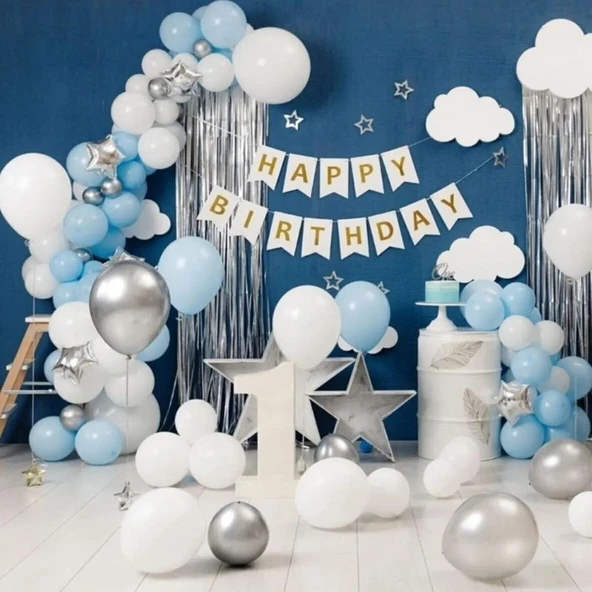 Parti Sürprizi Mavi-Gri- Beyaz Doğum Günü Balon Seti ürün görseli 1