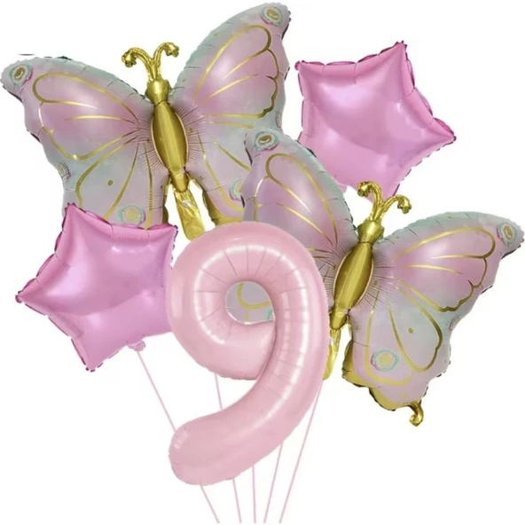 Parti Sürprizi Gold Kelebekli Pembe 9 Yaş Rakam Balon Set ürün görseli 1