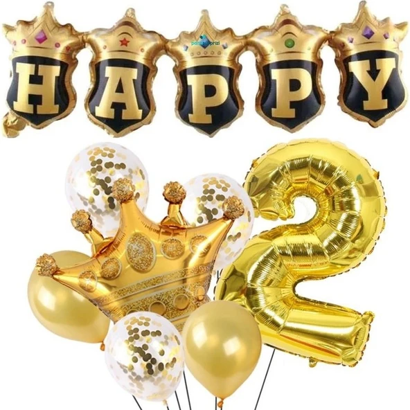 Parti Sürprizi Happy Yazılı Gold Konfetili 2 Yaş Rakam Balon Set ürün görseli 1