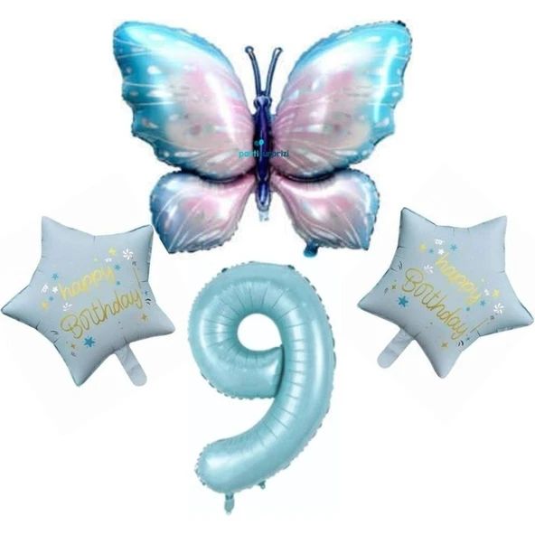 Parti Sürprizi Mavi Kelebekli Happy Birthday 9 Yaş Folyo Balon Set ürün görseli 1