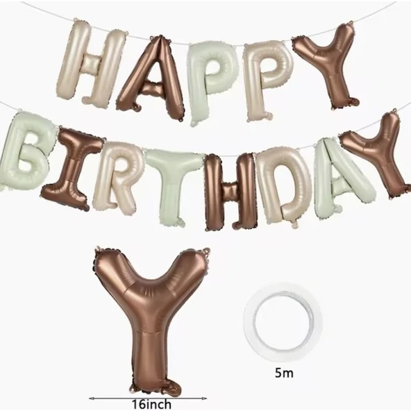 Parti Sürprizi Retro Krem Karamel Bej Happy Birthday Harf Folyo Balon Set ürün görseli 1
