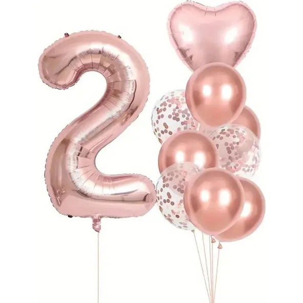 Parti Sürprizi Rose Gold Kalpli 2 Yaş Folyo Balon Set ürün görseli 1