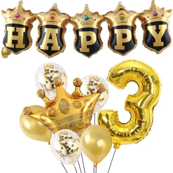 Parti Sürprizi Happy Yazılı Gold Konfetili 3 Yaş Rakam Balon Set ürün görseli 1