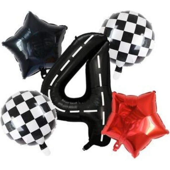 Parti Sürprizi Siyah Yarış Pisti Damalı 4 Yaş Folyo Balon Set ürün görseli 1