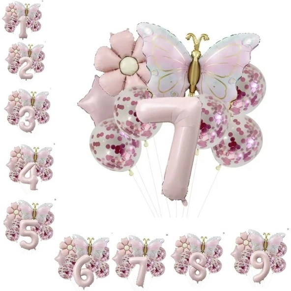 Parti Sürprizi Gold Kelebek Papatyalı 7 Yaş Folyo Balon Set ürün görseli 1
