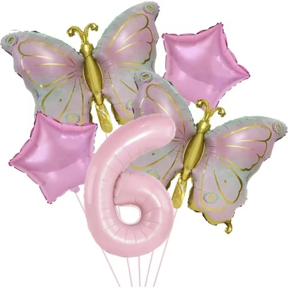 Parti Sürprizi Gold Kelebekli Pembe 6 Yaş Rakam Balon Set ürün görseli 1