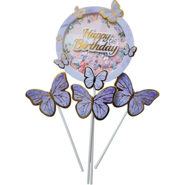 Parti Sürprizi Mor Gold Kelebek Happy Birthday Pasta Kürdan Set ürün görseli 1