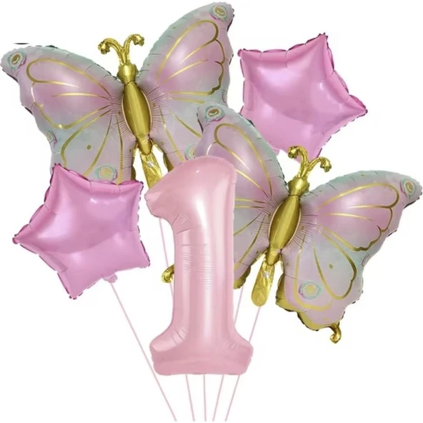 Parti Sürprizi Gold Kelebekli Pembe 1 Yaş Rakam Balon Set ürün görseli 1