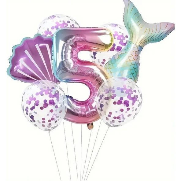 Parti Sürprizi Deniz Kızı Kuyruğu Mor Konfetili 5 Yaş Folyo Balon Set ürün görseli 1