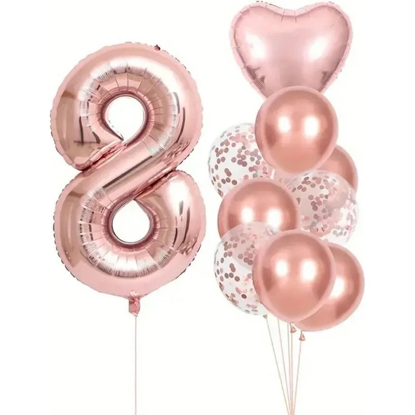Parti Sürprizi Rose Gold Kalpli 8 Yaş Folyo Balon Set ürün görseli 1