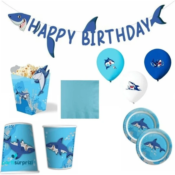 Parti Sürprizi Köpek Balığı Teması 8 Kişilik Happy Birthday Parti Seti ürün görseli 1