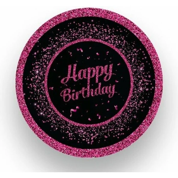 Parti Sürprizi Pembe Siyah Happy Birthday Karton Tabak 8 Adet ürün görseli 1