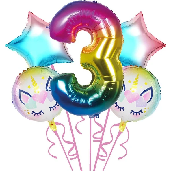 Parti Sürprizi Gökkuşağı Unicorn 3 Yaş Folyo Balon 5 Li Set ürün görseli 1