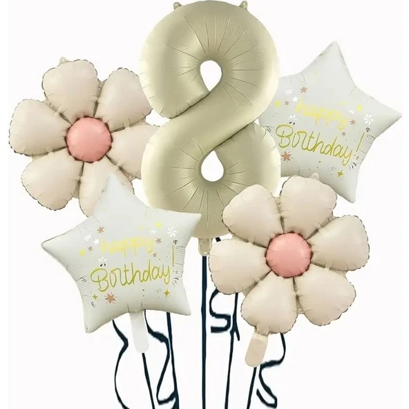 Parti Sürprizi Krem Papatya 8 Yaş Happy Birthday Yıldız Rakam Folyo Balon Set ürün görseli 1