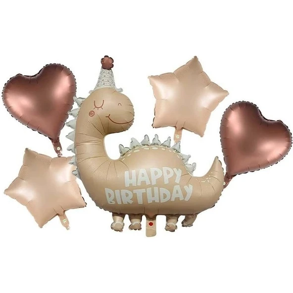 Parti Sürprizi Retro Happy Birthday Dinozor Şekilli 5 Li Folyo Balon Set ürün görseli 1