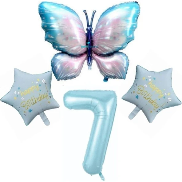 Parti Sürprizi Mavi Kelebekli Happy Birthday 7 Yaş Folyo Balon Set ürün görseli 1