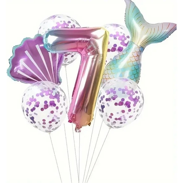 Parti Sürprizi Deniz Kızı Kuyruğu Mor Konfetili 7 Yaş Folyo Balon Set ürün görseli 1