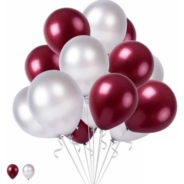Parti Sürprizi Bordo Beyaz Metalik Latex Balon 10 Adet ürün görseli 1