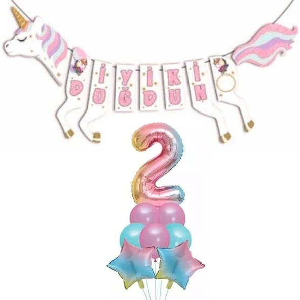 Parti Sürprizi Şekilli Unicorn 2 Yaş Iyi Ki Doğdun Gökkuşağı Balonlu Set ürün görseli 1